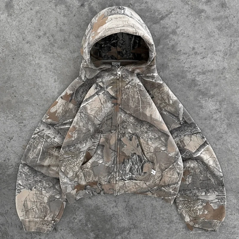Bluza z kapturem i zamkiem w kamuflaż Y2K oversize Camo zipper