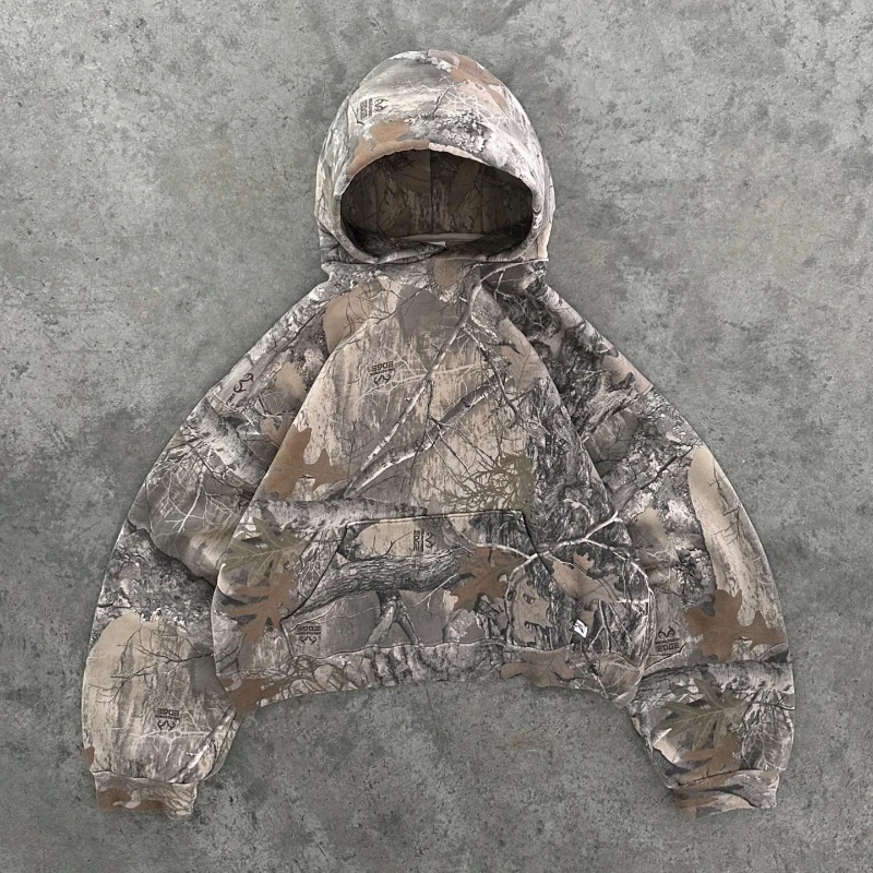 Bluza z kapturem i zamkiem w kamuflaż Y2K oversize Camo