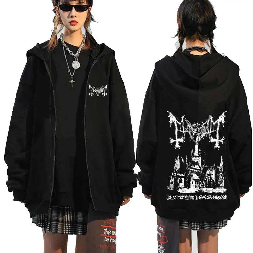 Bluza z kapturem na zamek z nadrukiem Mayhem - unisex, oversize Czarny