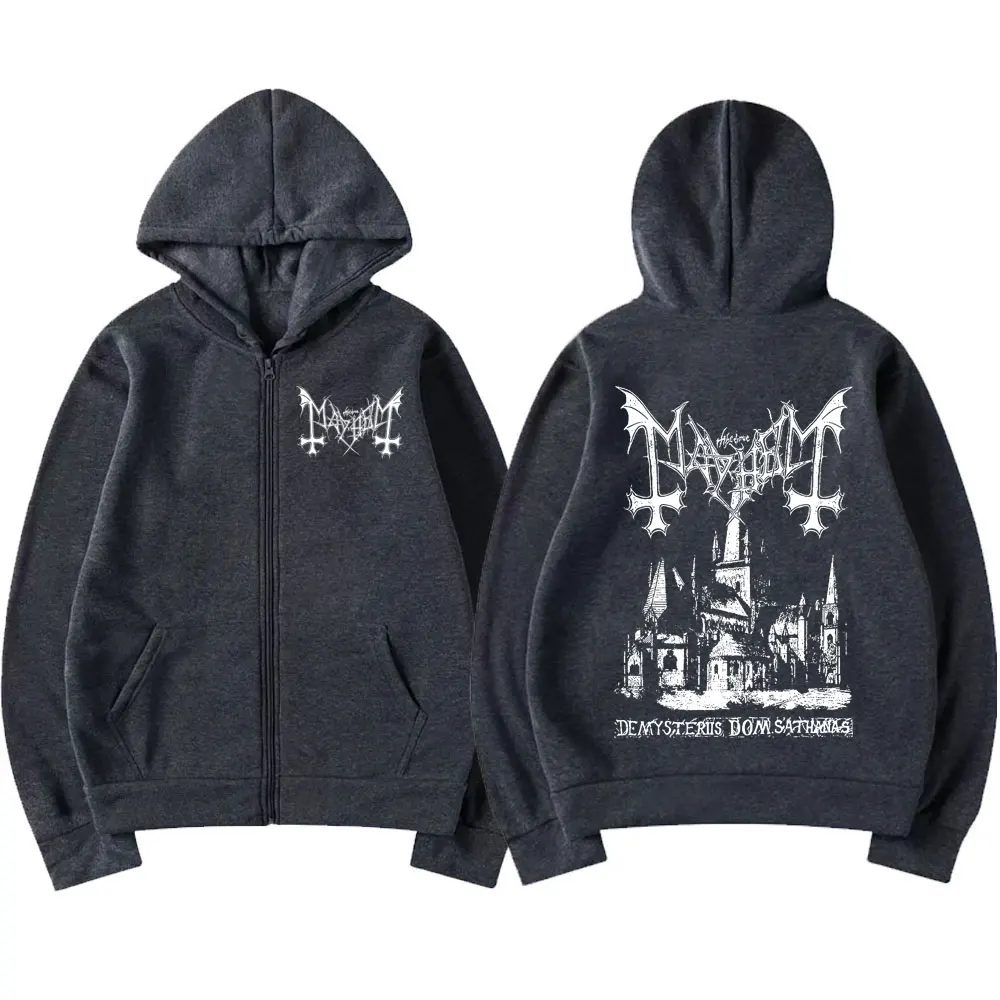 Bluza z kapturem na zamek z nadrukiem Mayhem - unisex, oversize Ciemnoszary