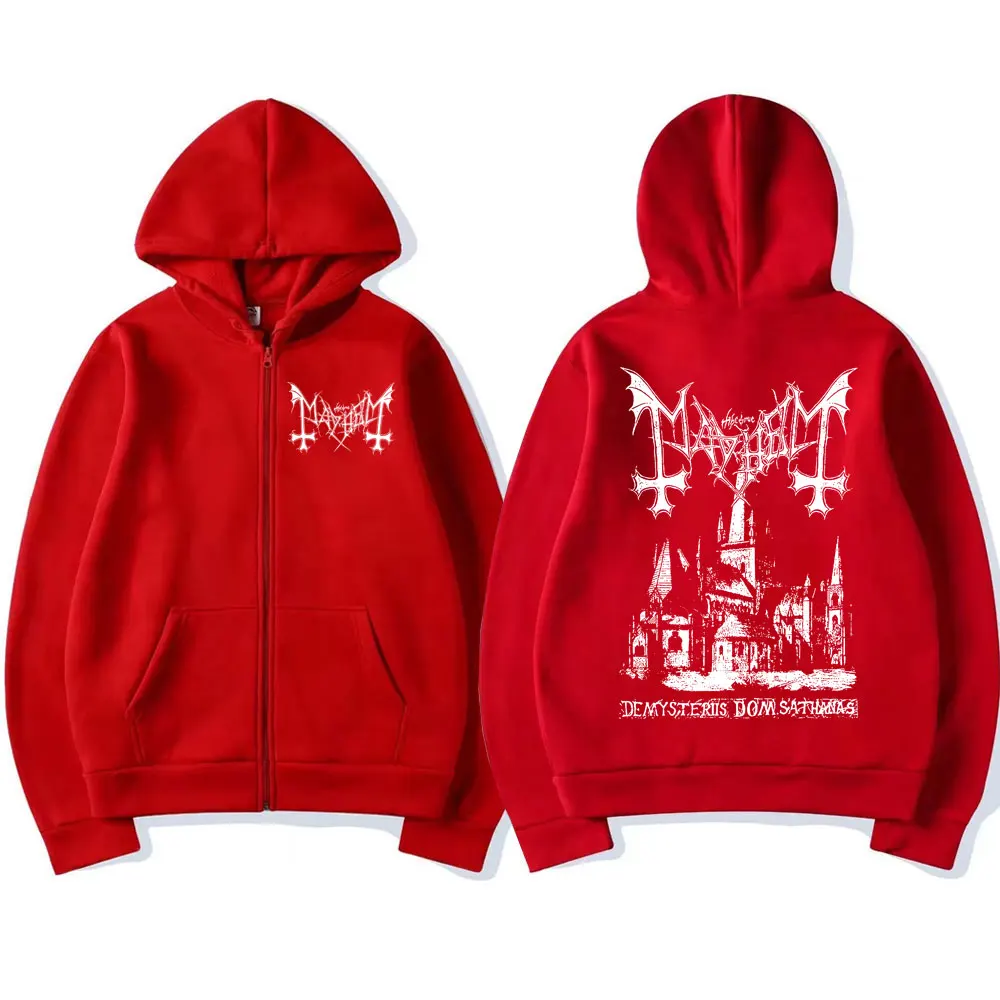 Bluza z kapturem na zamek z nadrukiem Mayhem - unisex, oversize Czerwony
