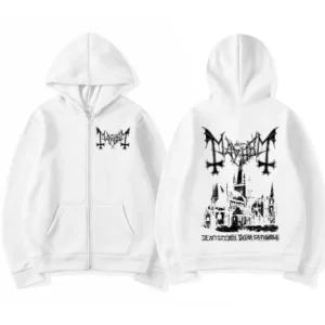 Bluza z kapturem na zamek z nadrukiem Mayhem - unisex, oversize Biały