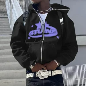 Bluza z kapturem i zamkiem męska hip hop z nadrukiem Czarny
