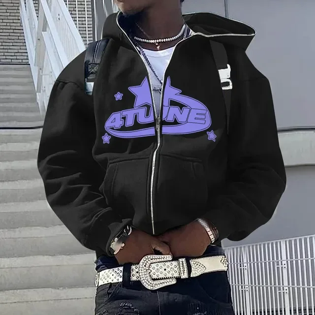 Bluza z kapturem i zamkiem męska hip hop z nadrukiem Czarny