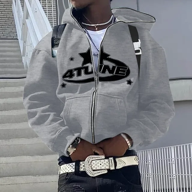 Bluza z kapturem i zamkiem męska hip hop z nadrukiem Szary
