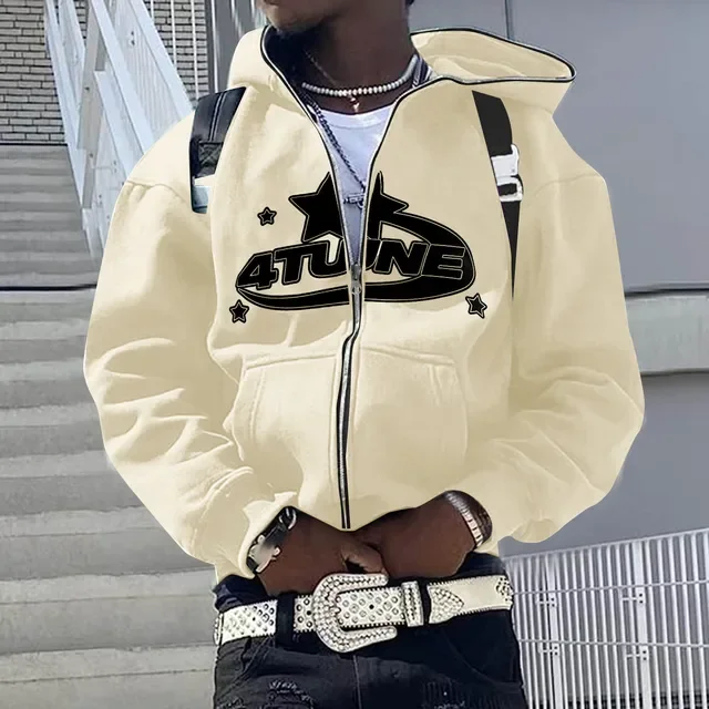 Bluza z kapturem i zamkiem męska hip hop z nadrukiem Khaki