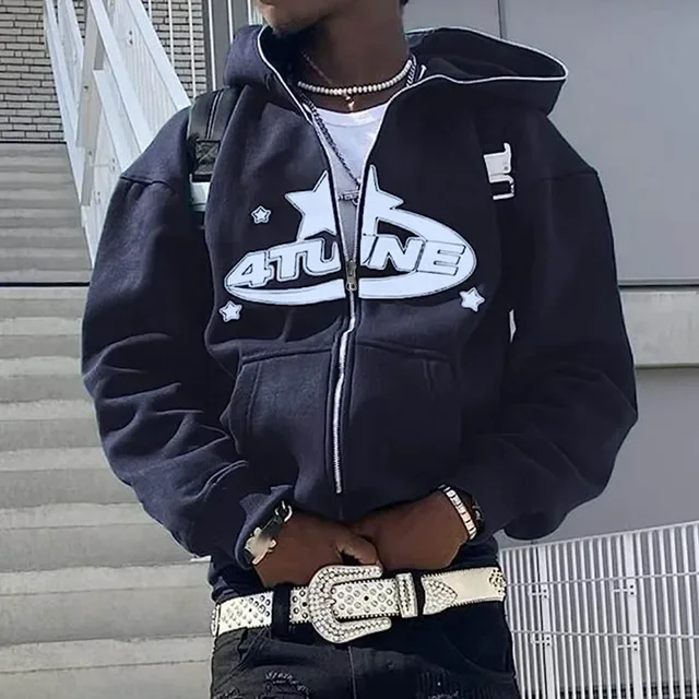 Bluza z kapturem i zamkiem męska hip hop z nadrukiem Granatowy