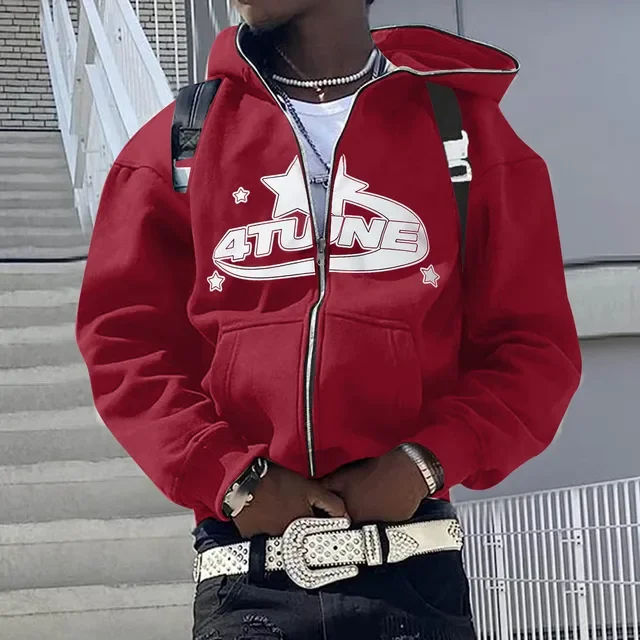 Bluza z kapturem i zamkiem męska hip hop z nadrukiem Czerwony
