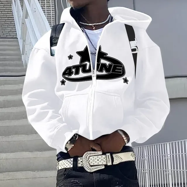 Bluza z kapturem i zamkiem męska hip hop z nadrukiem Biały