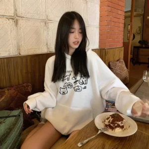 Bluza z kapturem z kotem damska oversize kieszeń kangurka kawaii Beżowy