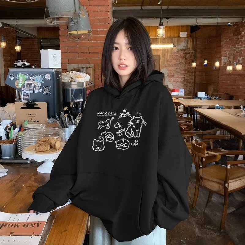 Bluza z kapturem z kotem damska oversize kieszeń kangurka kawaii Czarny