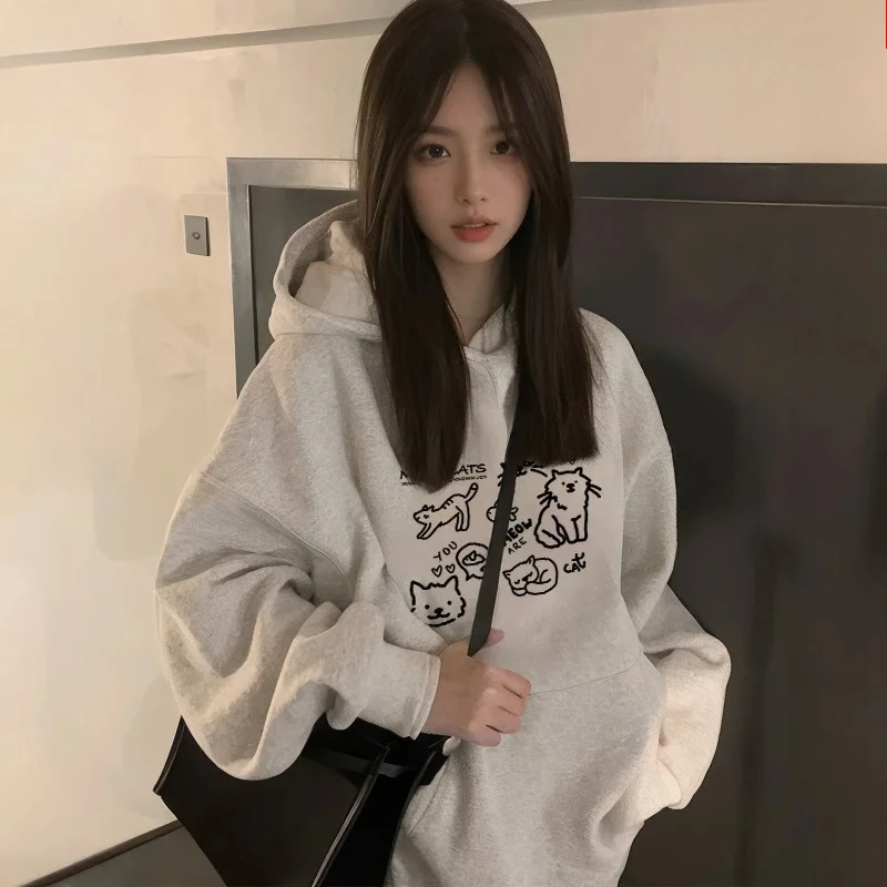 Bluza z kapturem z kotem damska oversize kieszeń kangurka kawaii Niebieski