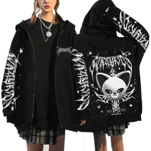 Bluza z kapturem na zamek z nadrukiem oversize Czarny