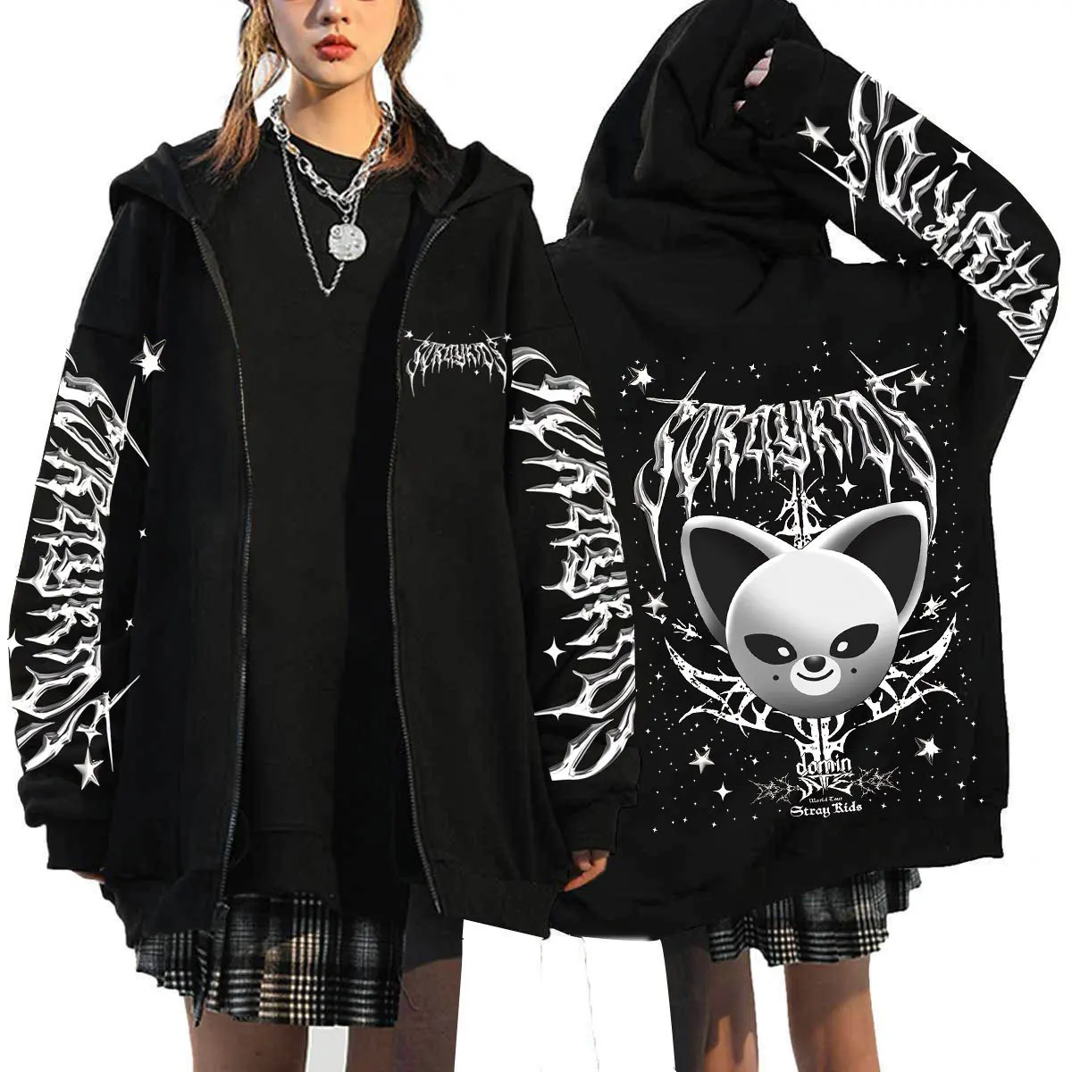 Bluza z kapturem na zamek z nadrukiem oversize Czarny
