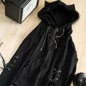 Bluza na zamek z kocimi uszami Y2K estetyka kawaii czarna Czarny