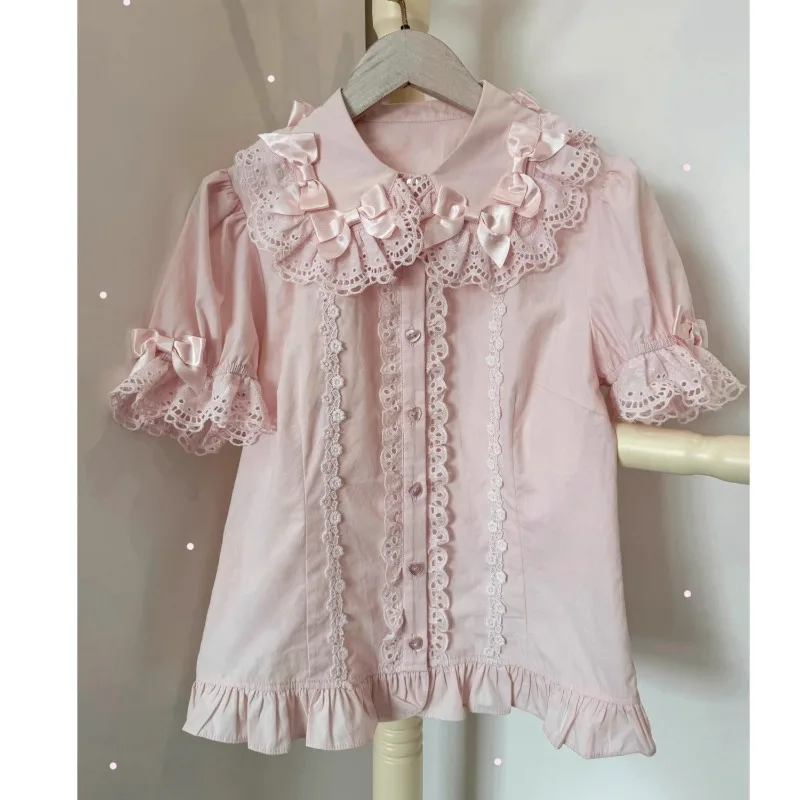 Bluzka Kawaii Lolita słodka damska z krótkim rękawem Różowy
