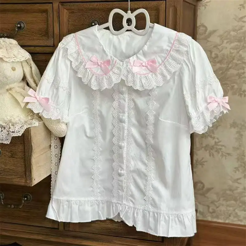 Bluzka Kawaii Lolita słodka damska z krótkim rękawem Szampan