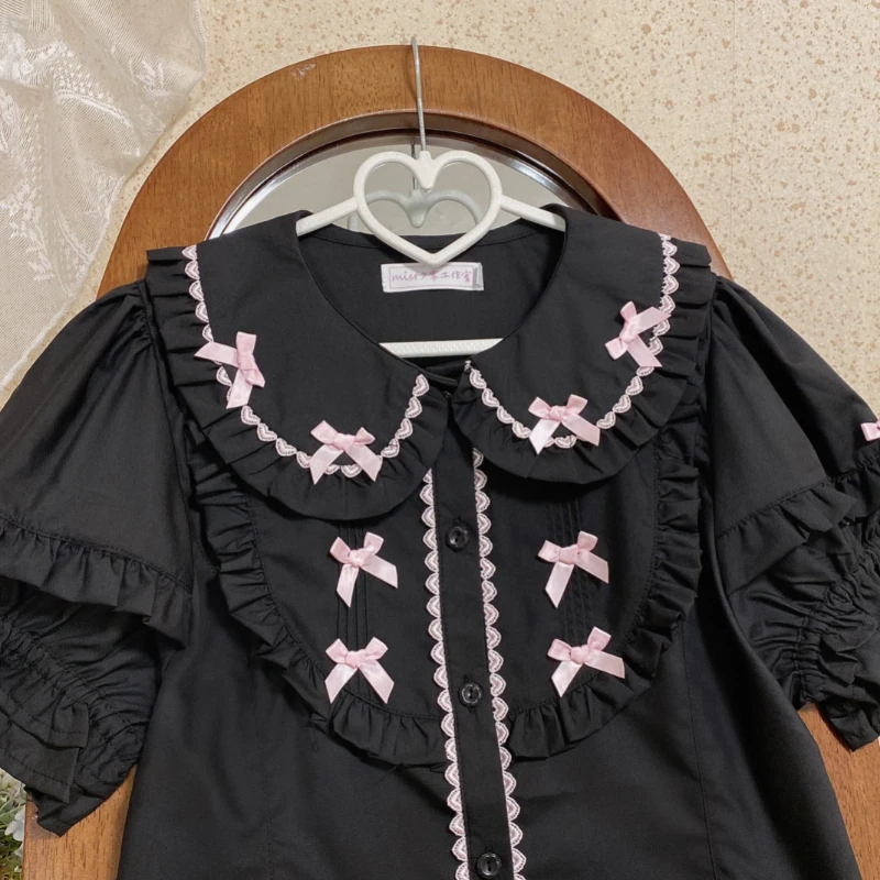 Słodka bluzka Lolita z kokardą i bufiastymi rękawami – styl Y2K kawaii Fuksja