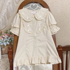 Słodka bluzka Lolita z kokardą i bufiastymi rękawami – styl Y2K kawaii Kolba