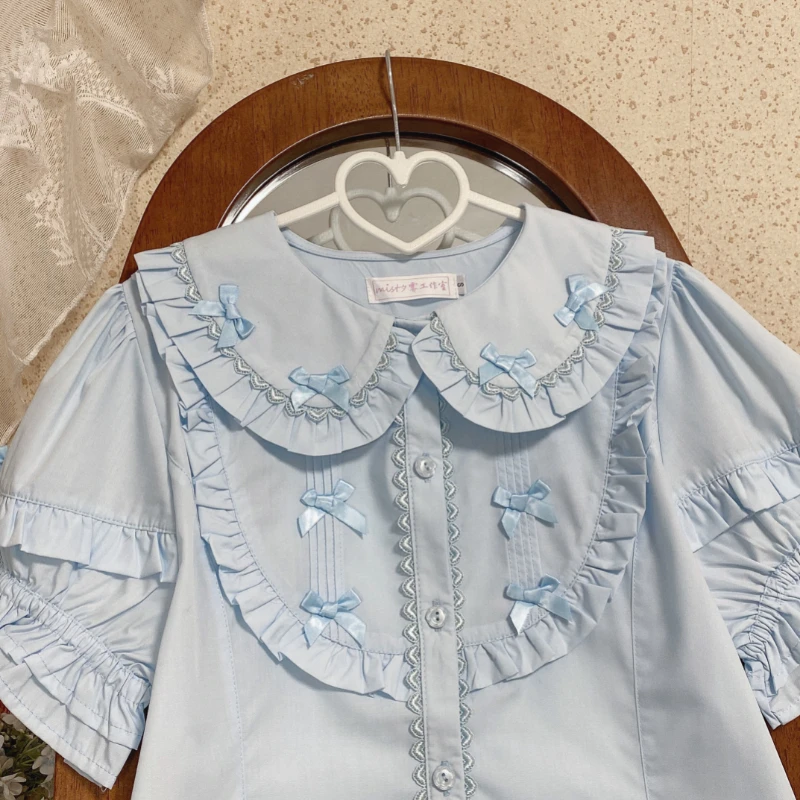 Słodka bluzka Lolita z kokardą i bufiastymi rękawami – styl Y2K kawaii Niebieski