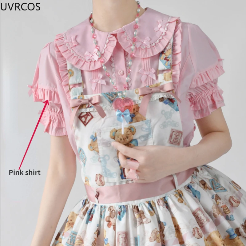 Słodka bluzka Lolita z kokardą i bufiastymi rękawami – styl Y2K kawaii Różowy