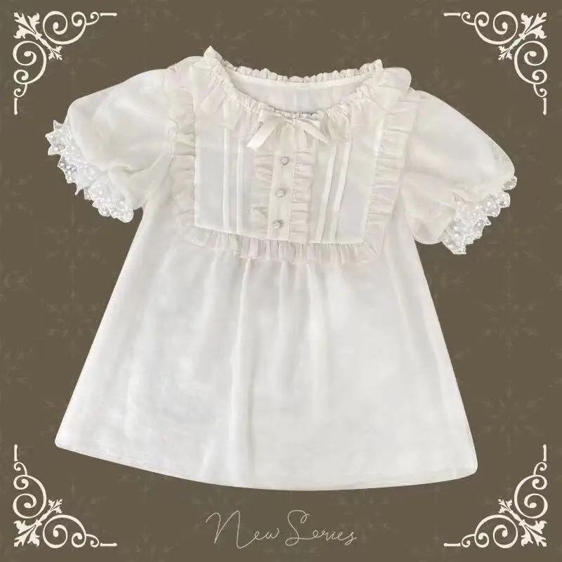 Bluzka lolita z falbankami i kokardą - elegancki styl kawaii Beżowy