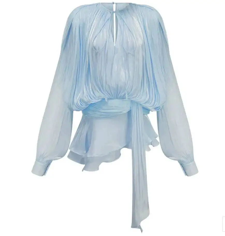 Elegancka błyszcząca sukienka mini z długim rękawem Niebieski