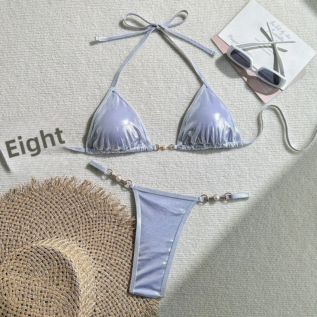 Błyszczące bikini perłowe z wiązaniem na krzyż Biały
