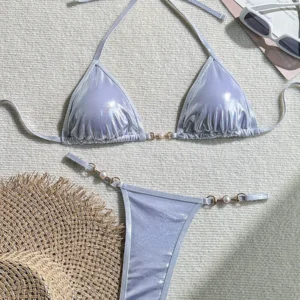 Błyszczące mikro bikini damskie z perełkami Biały