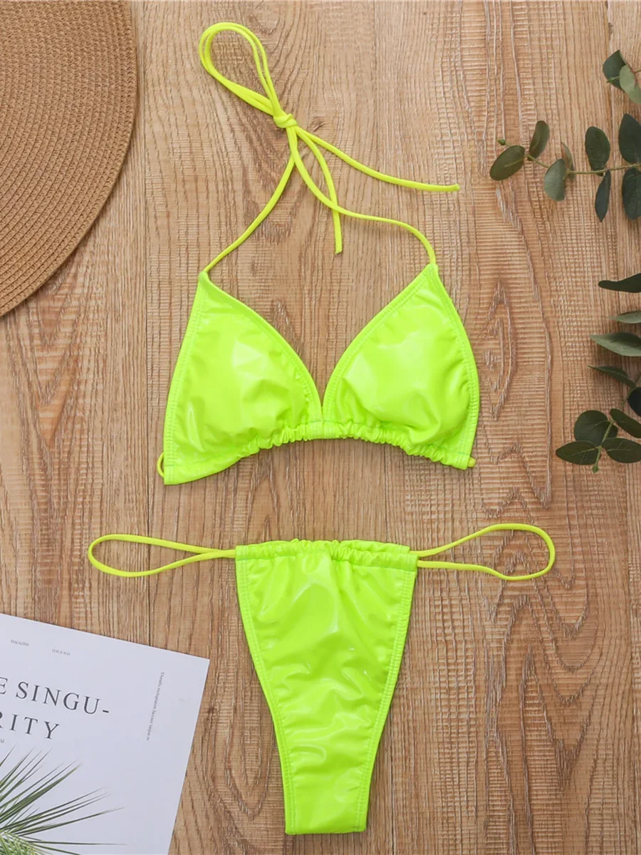 Błyszczące mikro bikini z wysokim stanem Zielony fluorescencyjny