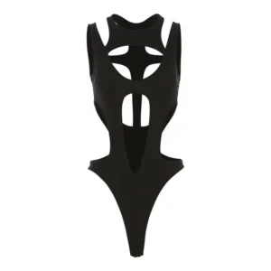 Body gothic backless z wycięciami Y2k wysoki krój Czarny
