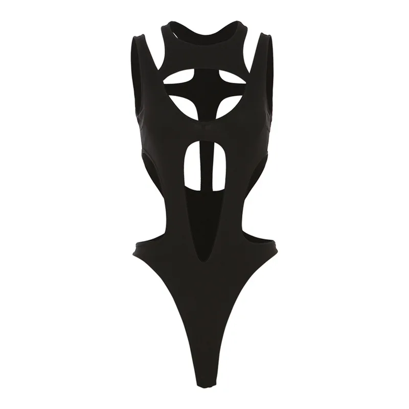 Body gothic backless z wycięciami Y2k wysoki krój Czarny