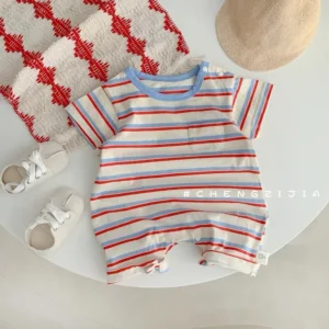 Letnie body niemowlęce w tęczowe paski z bawełny, unisex Romper