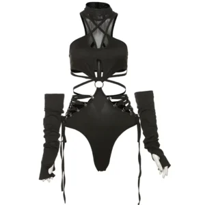 Body siatkowe gotyckie Techwear Y2K z imitacją rękawiczek Beżowy