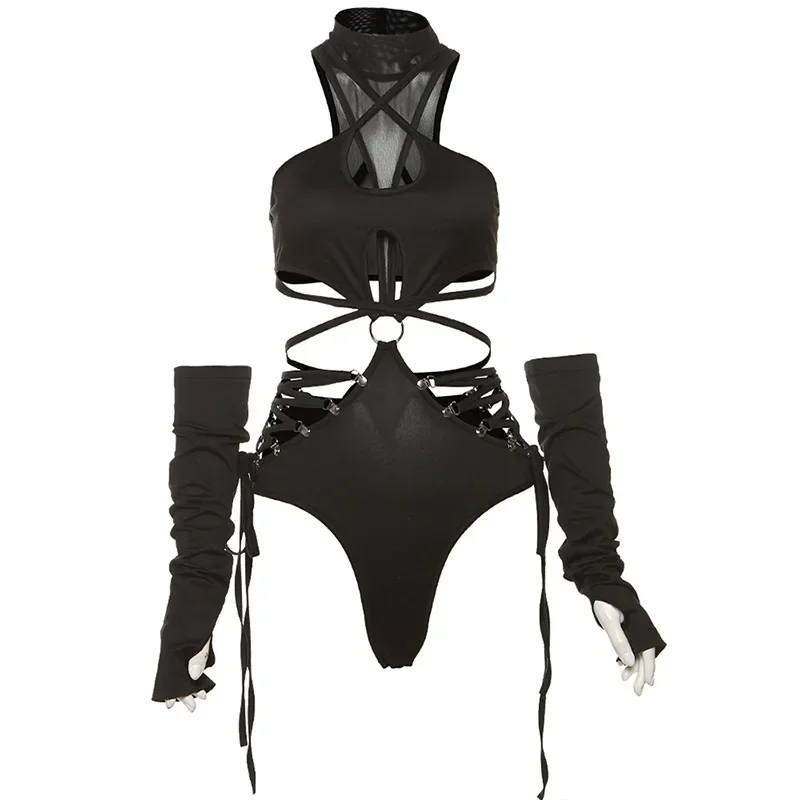 Body siatkowe gotyckie Techwear Y2K z imitacją rękawiczek Beżowy