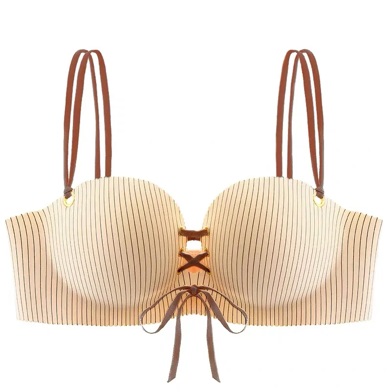 Bralette w paski bandaż push-up regulowane ramiączka Beżowy