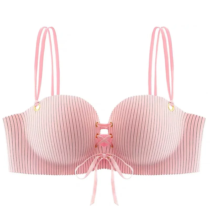 Bralette w paski bandaż push-up regulowane ramiączka Różowy