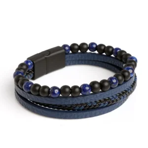Bransoletka męska skórzana z kamieniem tygrysie oko wielowarstwowa Niebieski