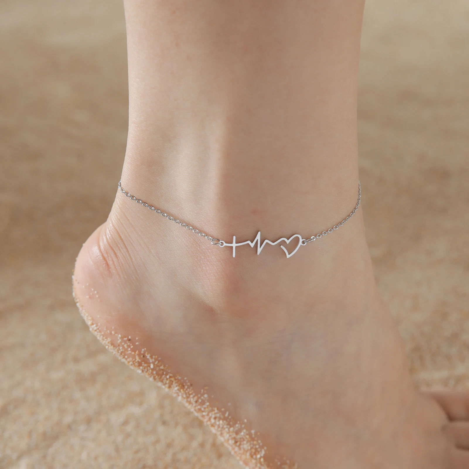 Bransoletka na kostkę z kotkiem ze stali nierdzewnej Heartbeat steel