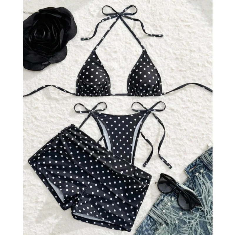 Brazylijskie bikini 3-częściowe w grochy z szortami A25101502black