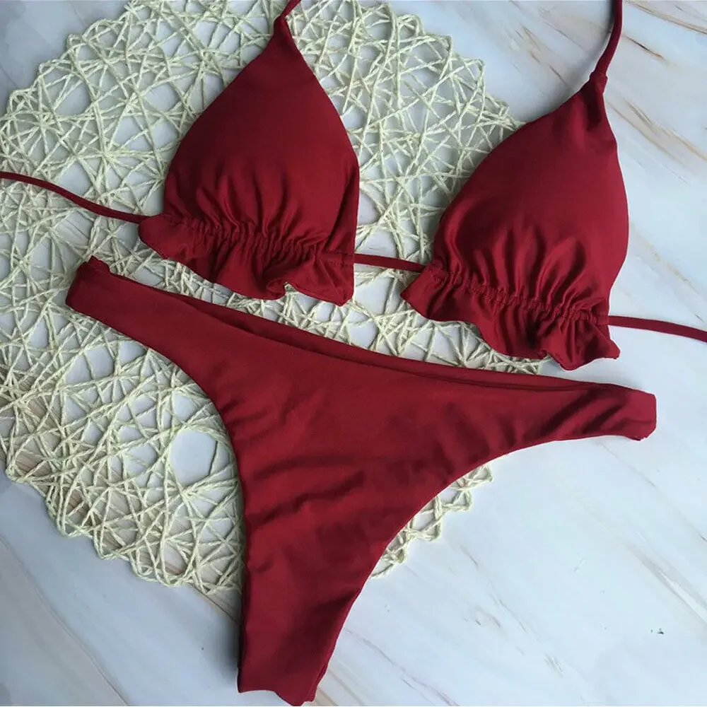 Brazylijskie bikini dwuczęściowe z koronką Bordowy