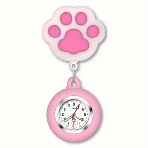 Broszka zegarek dla pielęgniarki silikonowa wysuwana Cat Paw Różowy