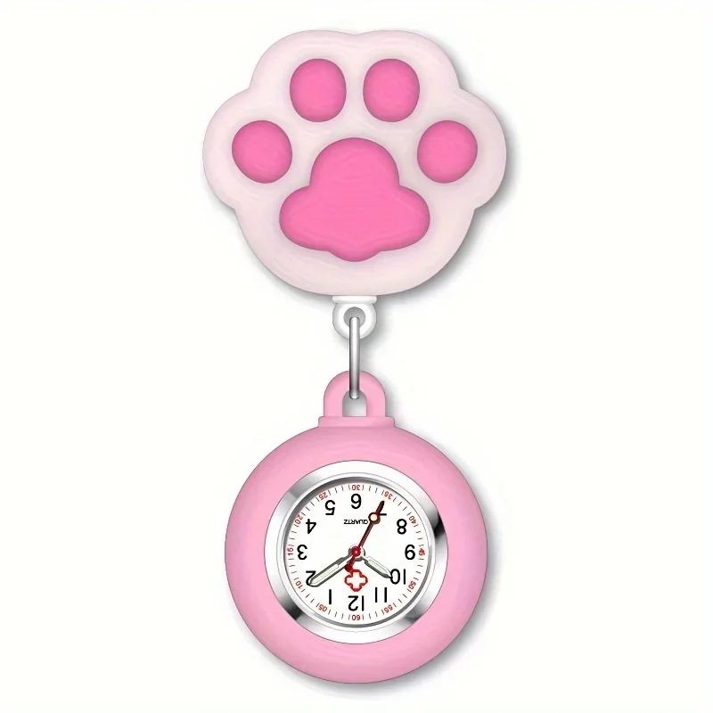 Broszka zegarek dla pielęgniarki silikonowa wysuwana Cat Paw Różowy