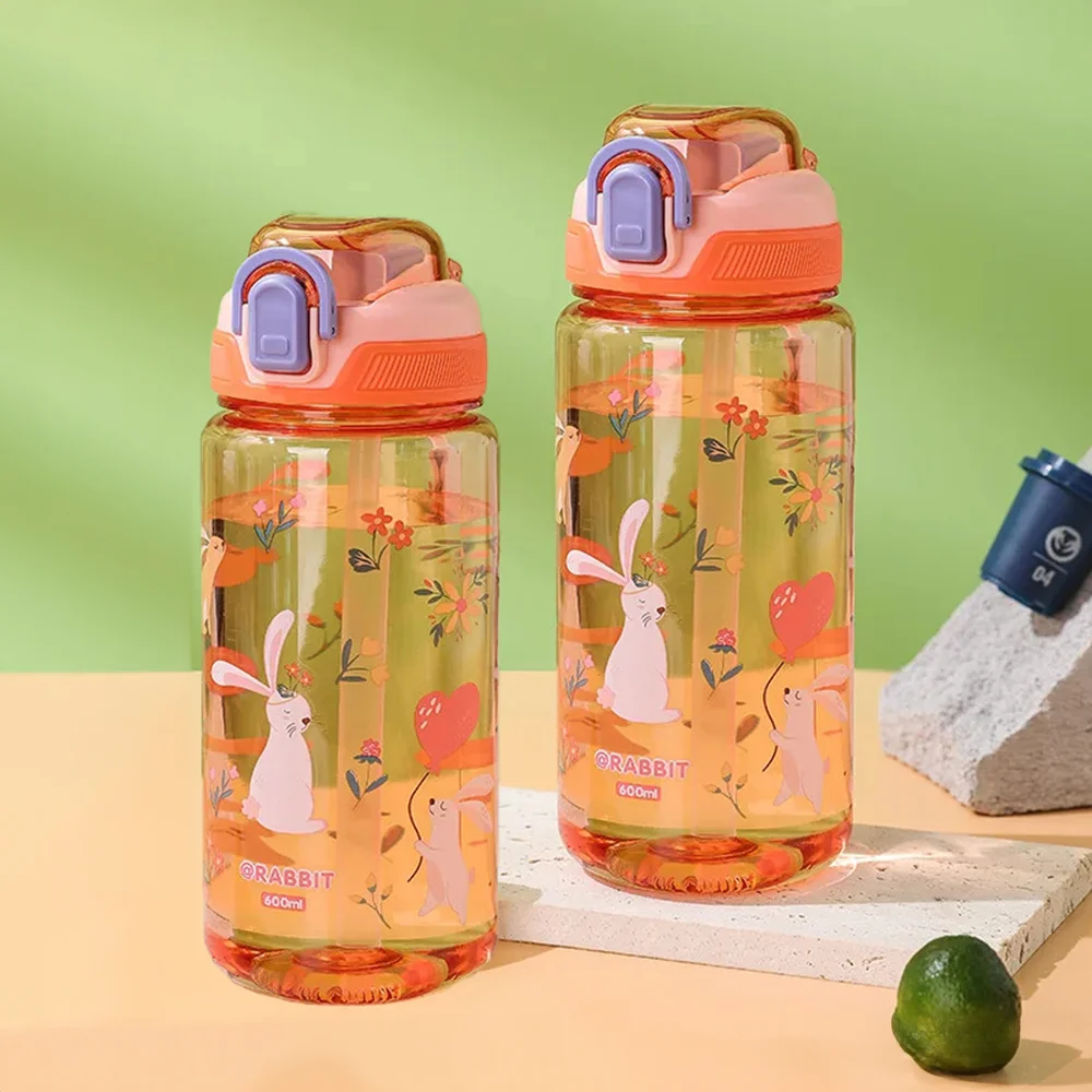 Butelka na wodę dla dzieci ze słomką, 600 ml, szczelna Fioletowy