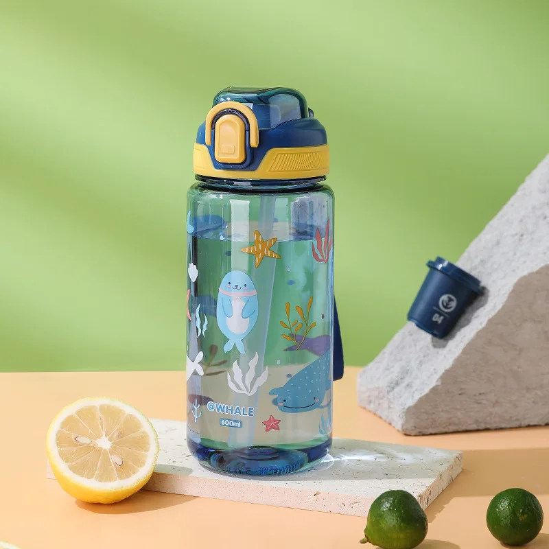 Butelka na wodę dla dzieci ze słomką, 600 ml, szczelna Niebieski