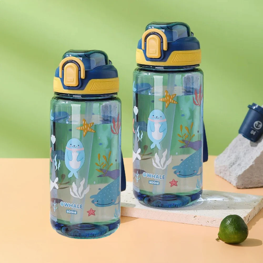Butelka na wodę dla dzieci ze słomką, 600 ml, szczelna Różowy