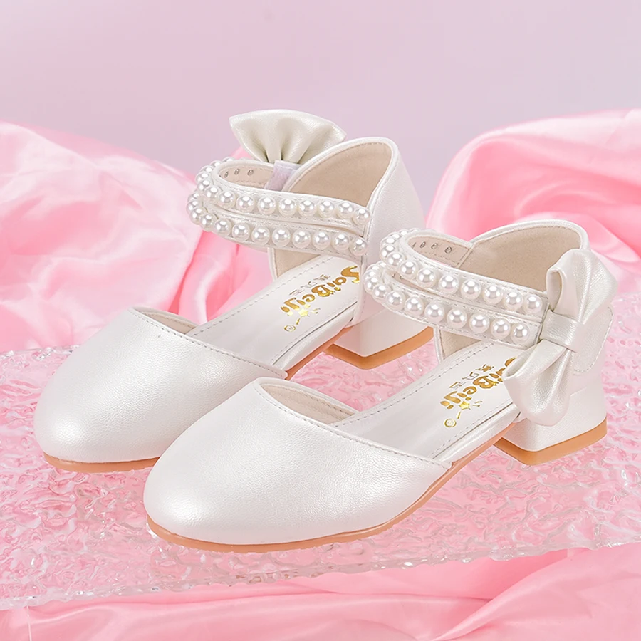 Buty na obcasie dla dziewczynki z perełkami - eleganckie pantofelki księżniczki Biały