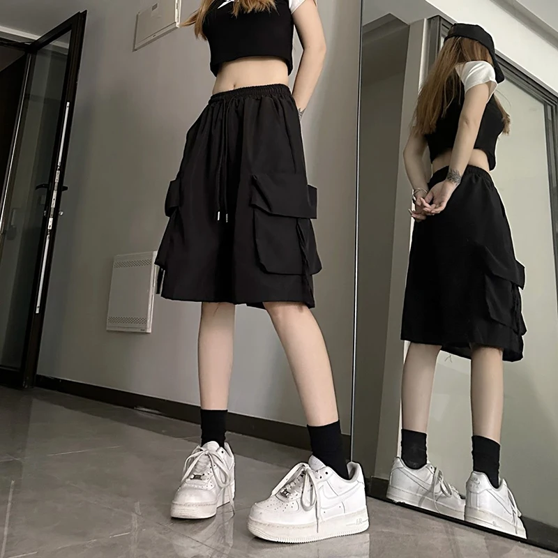 Cargo szorty damskie streetwear z dużymi kieszeniami Czarny