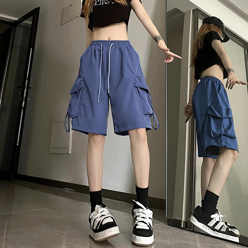 Cargo szorty damskie streetwear z dużymi kieszeniami Ciemnoniebieski