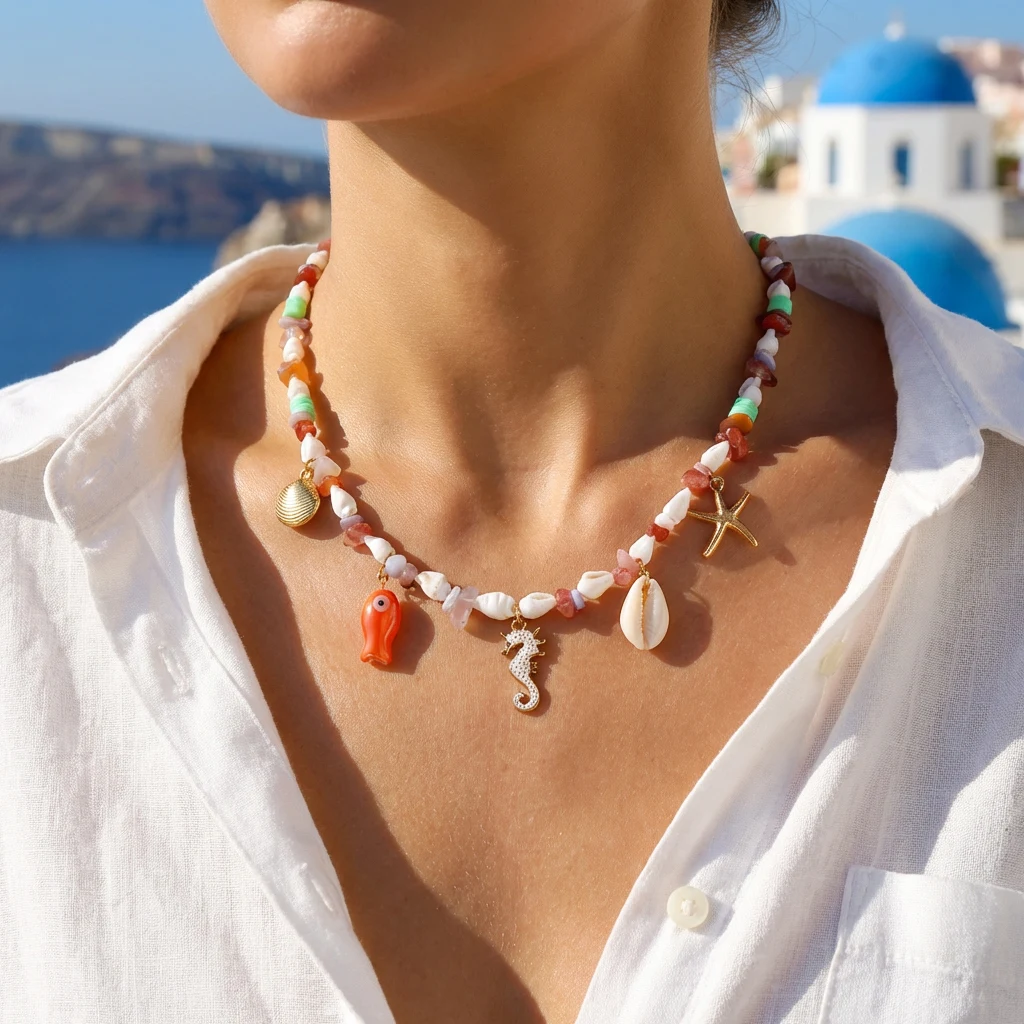 Ceramiczny choker boho z rybką, ręcznie robiony naszyjnik letni Nc26y0023